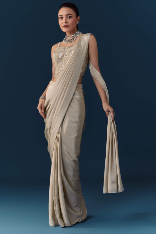 Beige Pre Pleated Saree with Sequin Corset Blouse