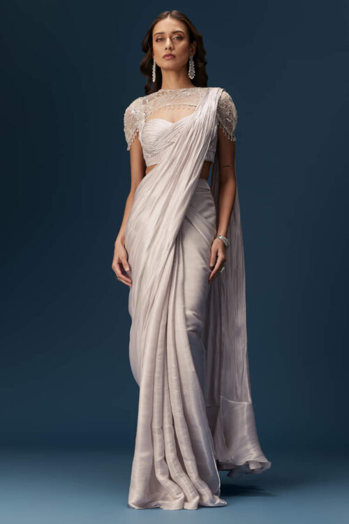 Beige Ready Pleated Saree with Cape & Blouse