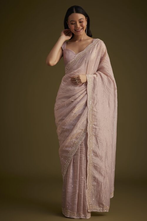 Beige Crushed Tissue Saree With Embroidered Border