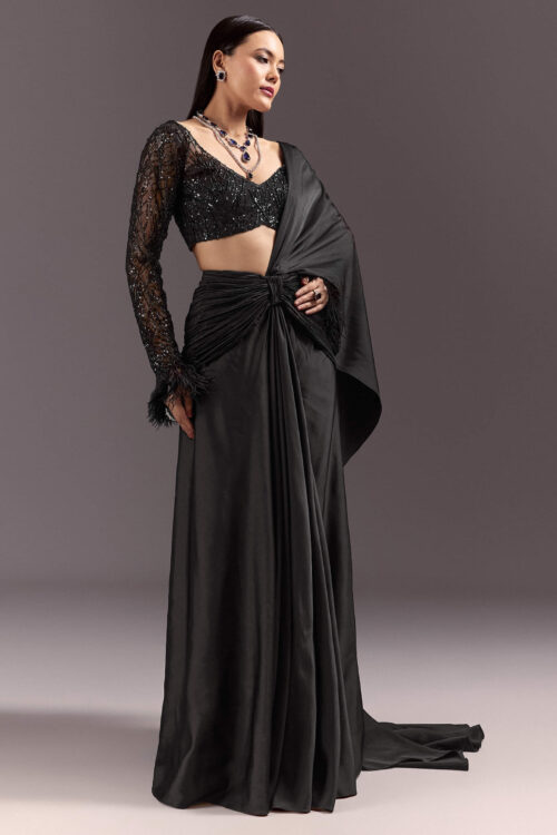 Black 3D Patchwork Cutdana Drape Saree with Overlap Blouse