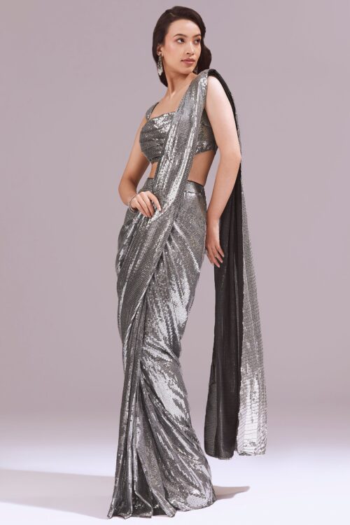 Black grey sequin saree