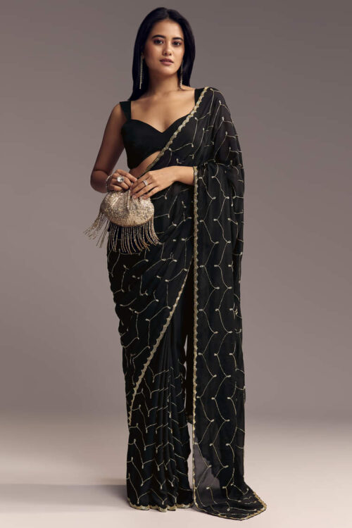 Black Embroidered Chinon Saree