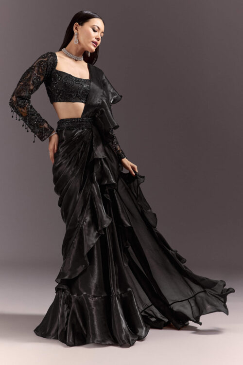 Black Frill Ready Drape Sequin Saree with Square Neck Blouse