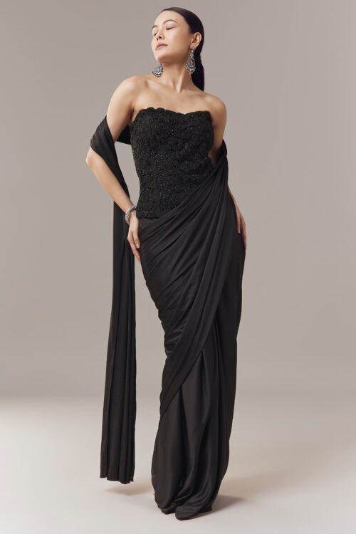 Black Ready Pleated Corset Saree with Thread & Cut Dana Work