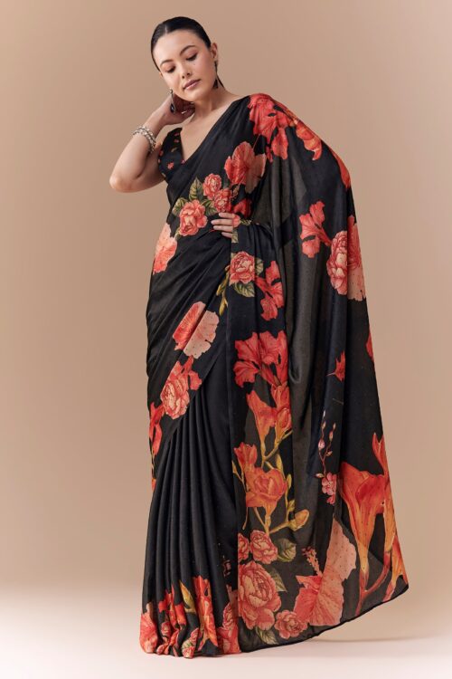 Black Satin Floral Printed Saree with Blouse Fabric