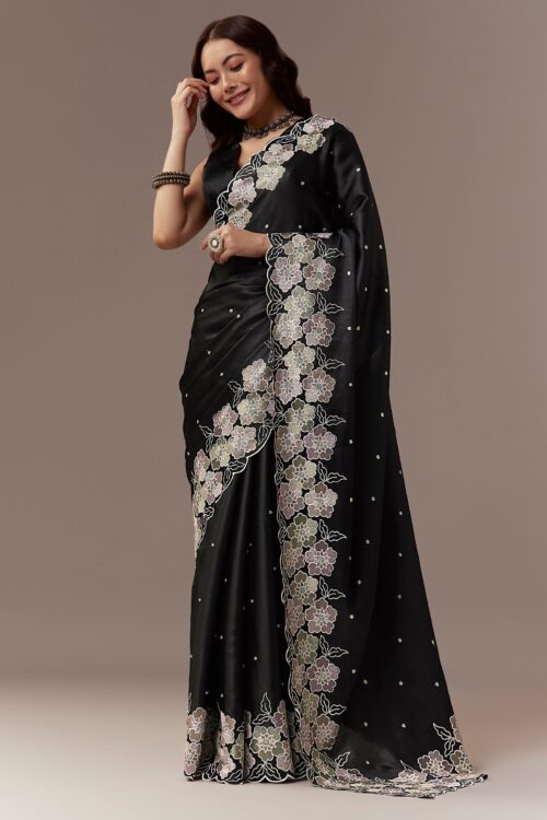Black Satin Saree With Resham Thread Floral Embroidery