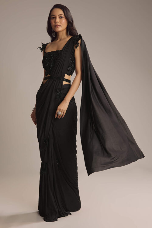 Black Lycra Ready Pleated Saree with Cutdana Embellishment