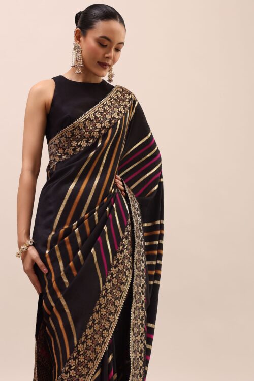 Black Silk Saree In Butta Work With Unstitched Blouse