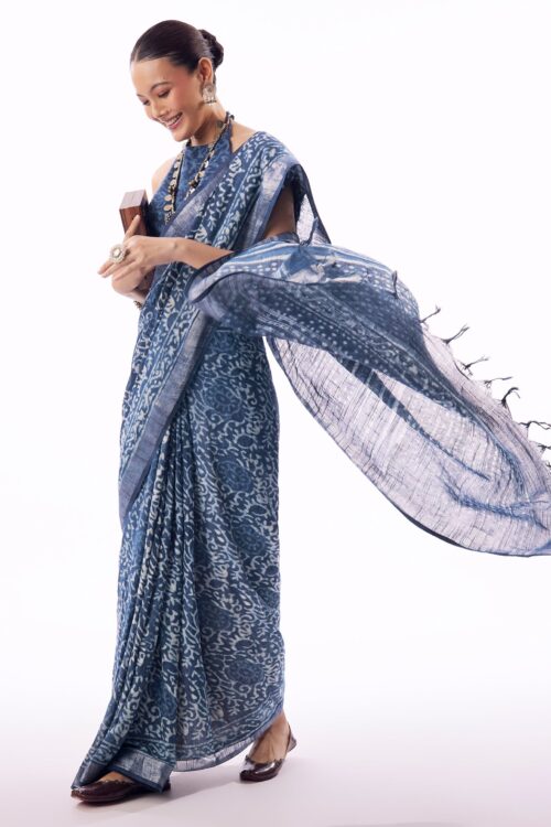 Blue Linen Handblock Printed Saree With Chanderi Border