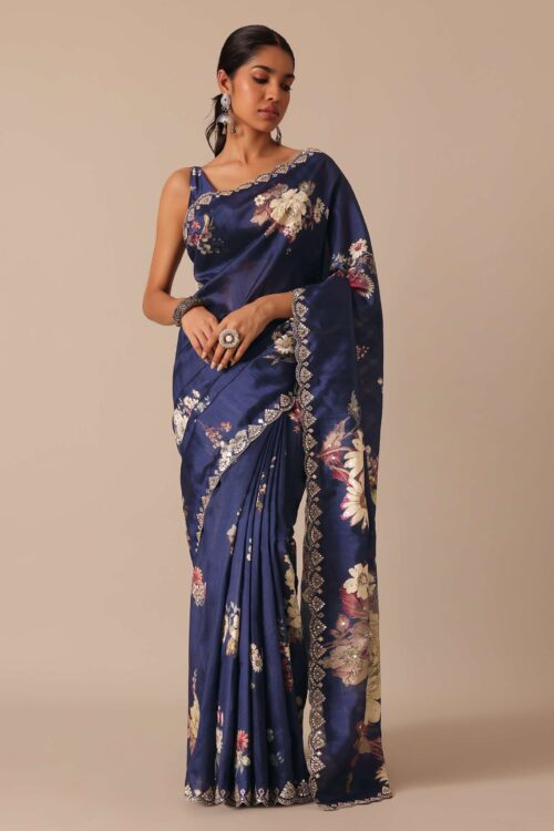 Blue Floral Print Tussar Silk Saree With Unstitched Blouse Piece