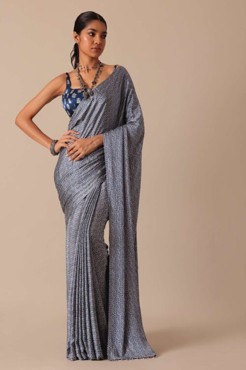 Blue Printed Saree In Satin With Tassel Detail And Unstitched Blouse Fabric