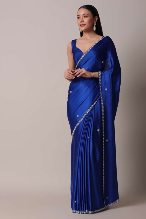 Blue Satin Saree With Stone Embellished Border And Unstitched Blouse Piece