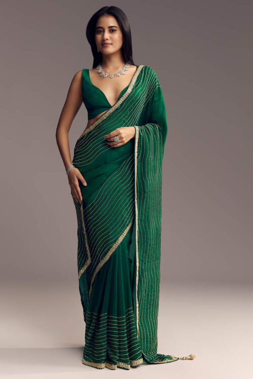 Bottle Green Organza Saree With Scalloped Cut Dana Detailing