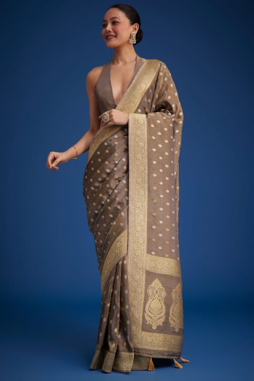 Brownish Grey Tissue Silk Saree With Zari Border And Butti Work
