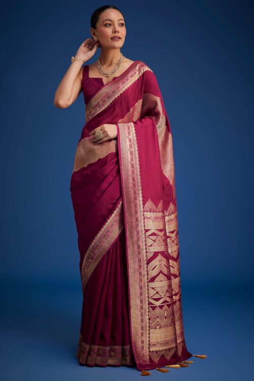 Burgundy Pink Dola Silk Saree With All Over Zari Work