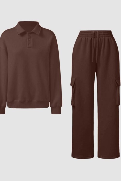Chocolate Brown Fleece Polo Sweatshirt Cargo Pant Set Winter Wear