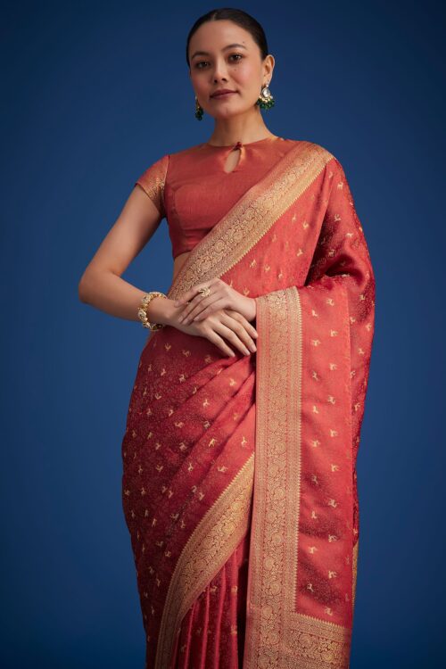 Dusky Orange Tissue Silk Saree With Zari Border And Butti Work