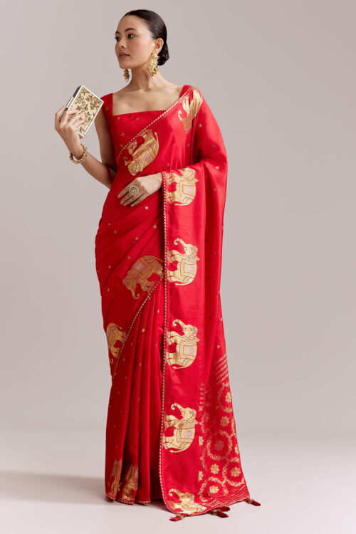Crimson Red Chinon Woven Saree With Elephant Motifs