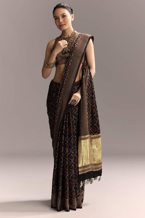 Black Linen Saree With Authentic Ajrakh Print And Golden Pallu
