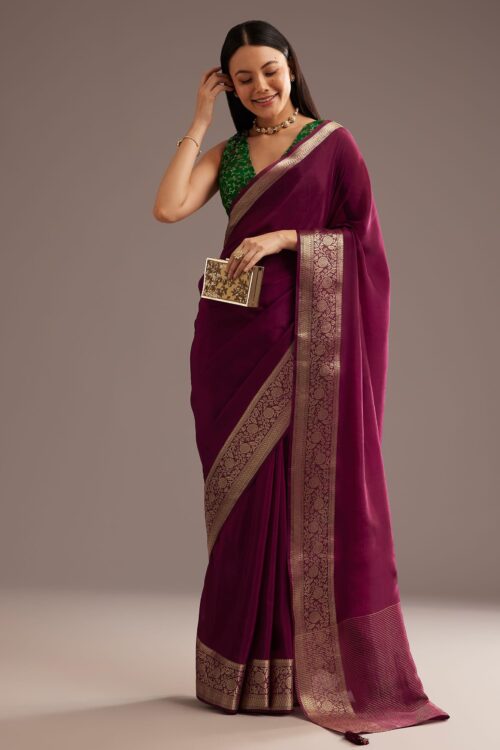 Dark Wine Crepe Silk Saree With Zari Border And Contrast Blouse