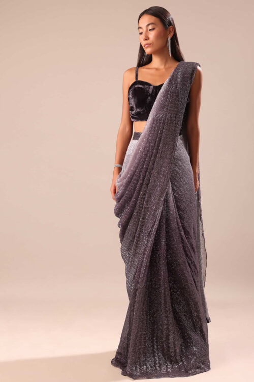 Deep Purple Ombre Shimmer Pre Draped Saree