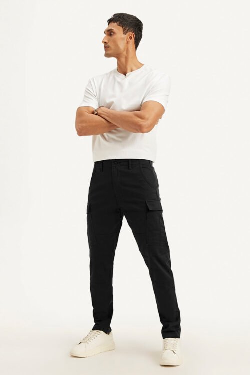 Men's Black Relaxed Fit Cargo Trousers | Mid Rise | Utility Pockets | Casual Wear