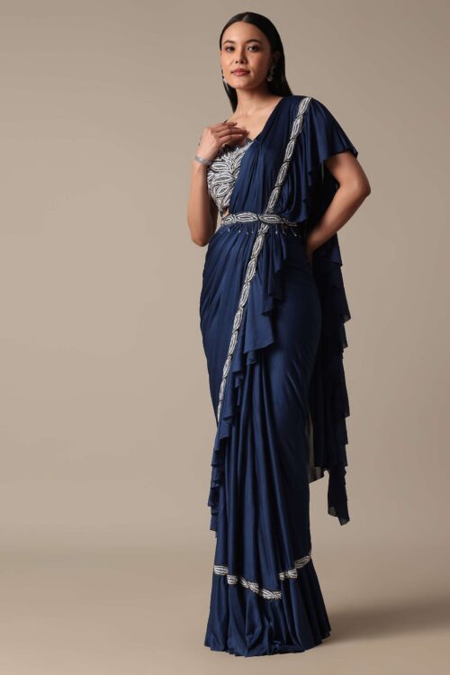 Blue Frill Ready to Wear Saree with Embellished Blouse