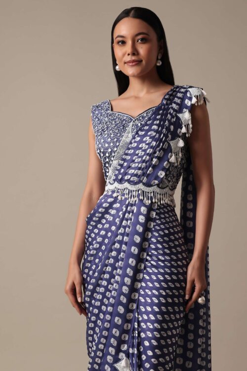 Blue Ready Made Saree with Tailored Blouse