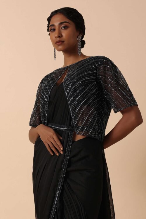 Black Pre Stitched Georgette Saree Set