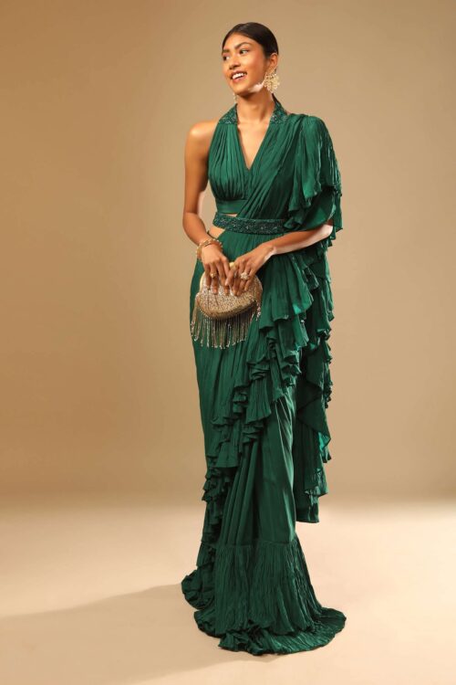 Emerald Green Ready Pleated Ruffle Saree with Halter Blouse & 3D Belt