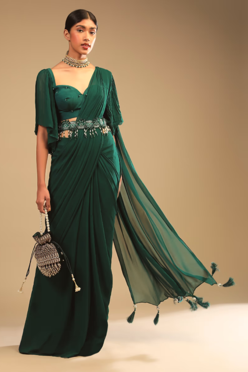 Emerald Green Georgette Ready Saree with Bell Sleeve Crop Top & Embroidered Belt