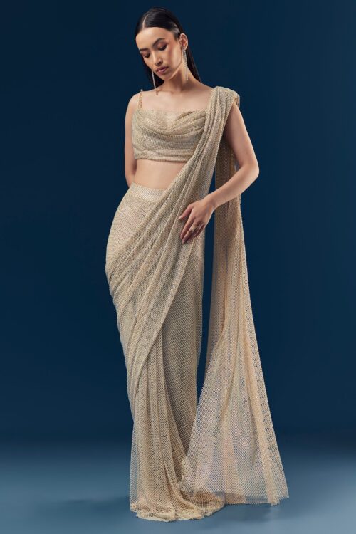 Gold & Beige Satin Ready Pleated Saree with Stone Work