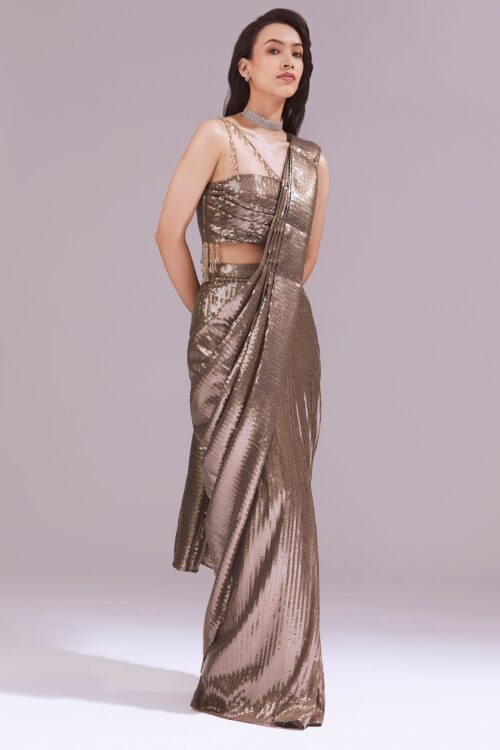 Gold Ready Pleated Saree with Sequin Dori Work & Cowl Neck Blouse