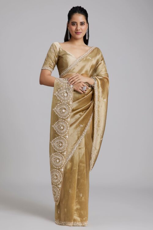 Gold Tissue Silk Saree With Minimal Butti Work And Heavy Pallu End Border