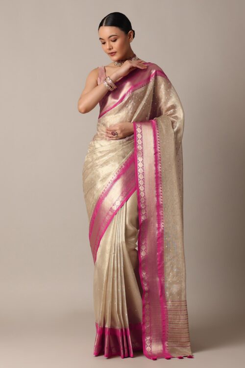 Gold Kota Silk Chanderi Saree With Mirror Detail And Unstitched Blouse Piece