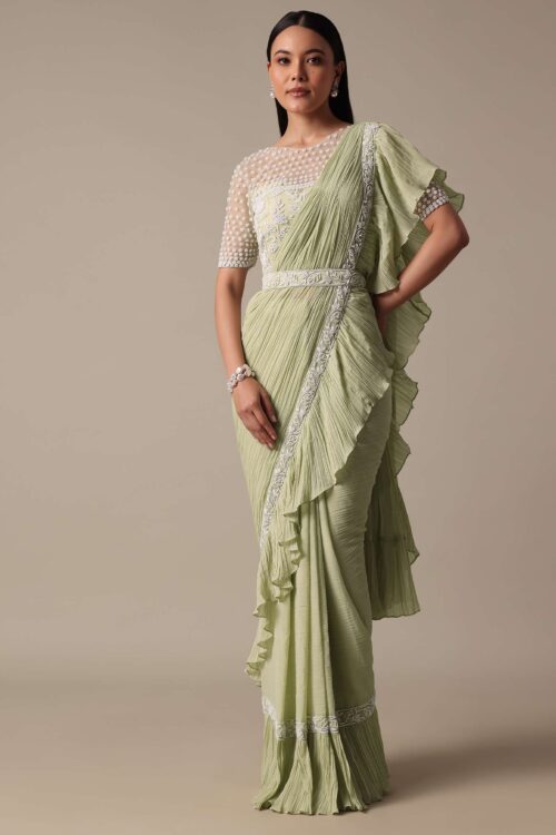 Green Pre Draped Saree with Ready Made Blouse