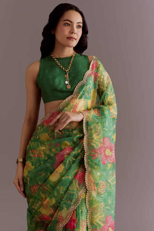 Green Organza Saree With Floral Print And Embellished Border