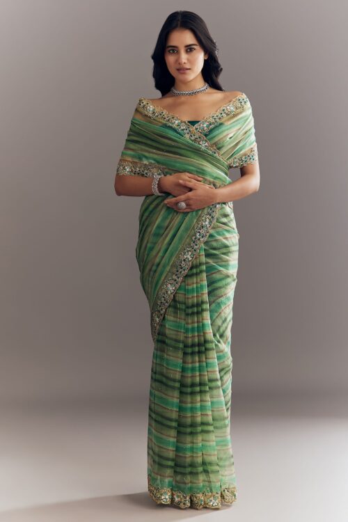 Green Shaded Tissue Saree With Cutdana Sequins And Beads Embroidery And Scallop Border