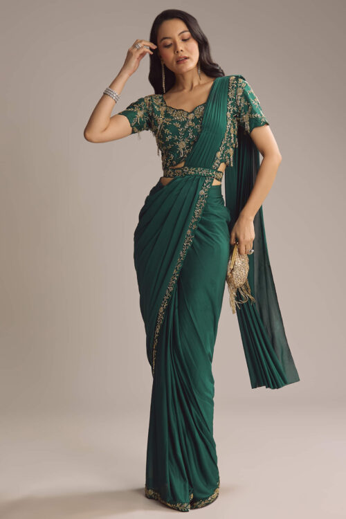 Green Lycra Ready Pleated Saree with Cutdana Embellishment
