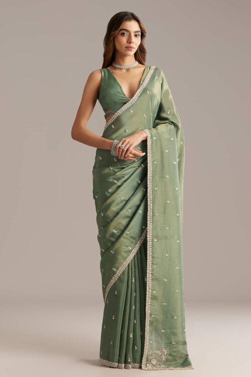 Green Tissue Saree With Bead And Cutdana Embroidery