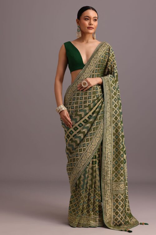 Green Khaddi Georgette Bandhani Saree With Zari Jaal Motif Weave