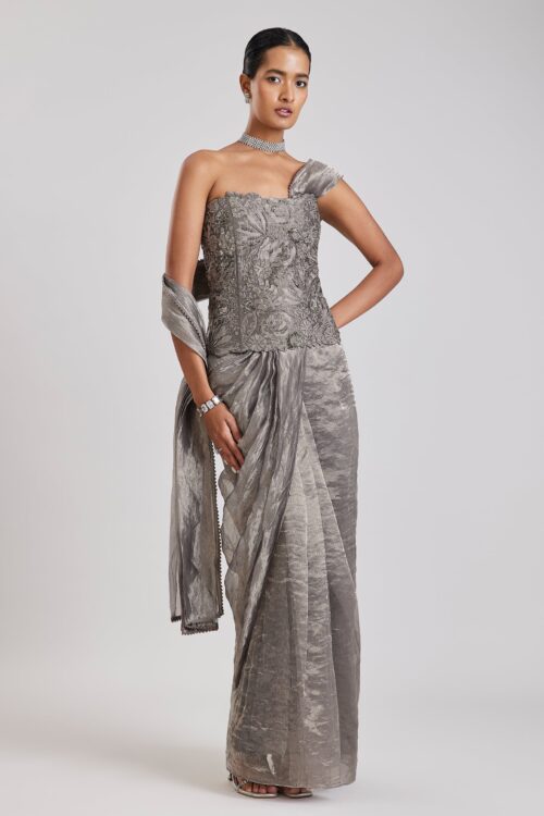 Grey Ready Pleated Saree with Corset Style Blouse