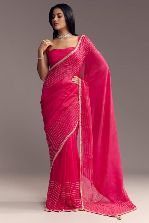 Hot Pink Organza Saree With Stone And Cut Dana Work
