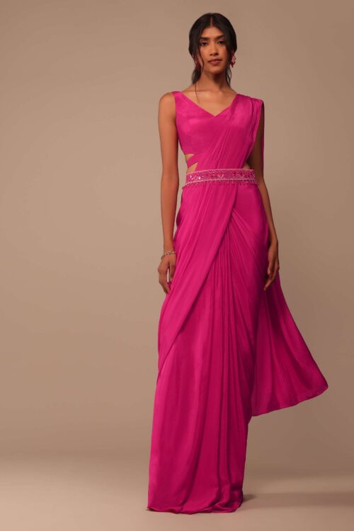 Hot Pink Ready Made Saree with Embroidered Belt