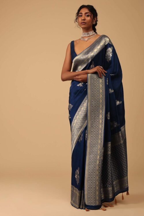 Indigo Blue Saree In Dola Silk With Embroidered Floral Buttas