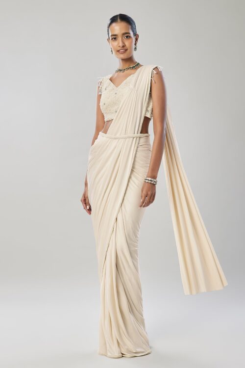 Ivory Ready Pleated Saree with Moti Work Blouse