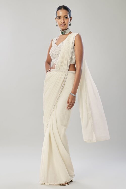 Ivory Ready Pleated Saree with Minimal Belt