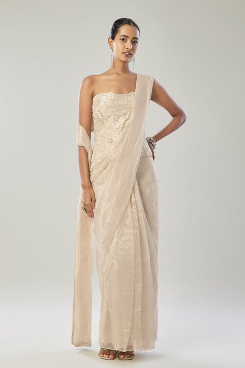 Ivory Ready Pleated Saree with Corset Style Blouse