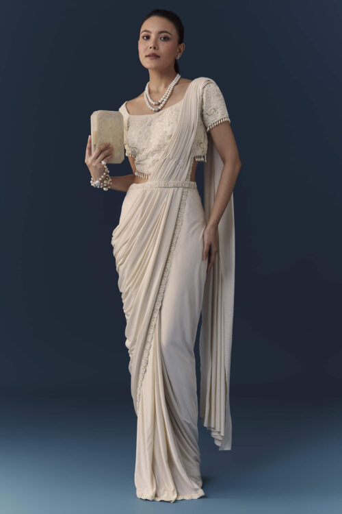 Ivory Ready Pre Pleated Saree with Moti Work Blouse