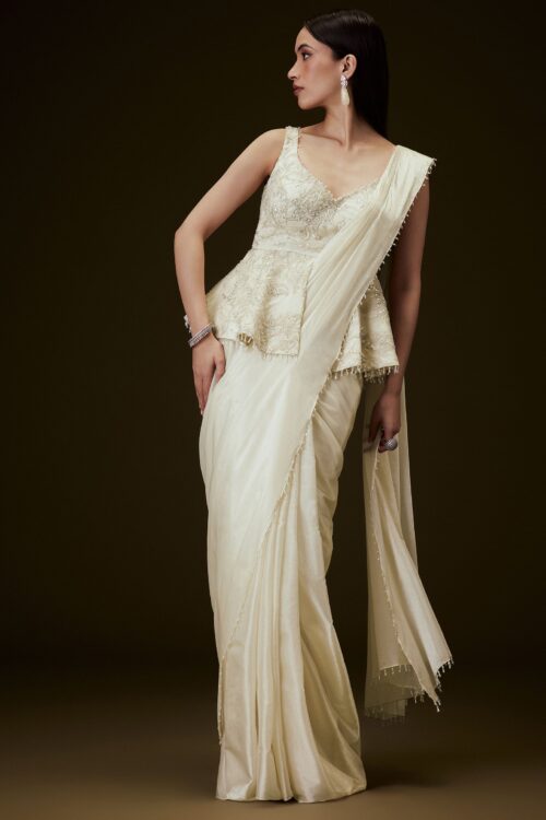 Ivory Embroidered Peplum Top Saree Set